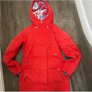 Nike Snowboarding Jacket Womens Medium Red Puffer Hooded Ski Coat‎ Floral x123